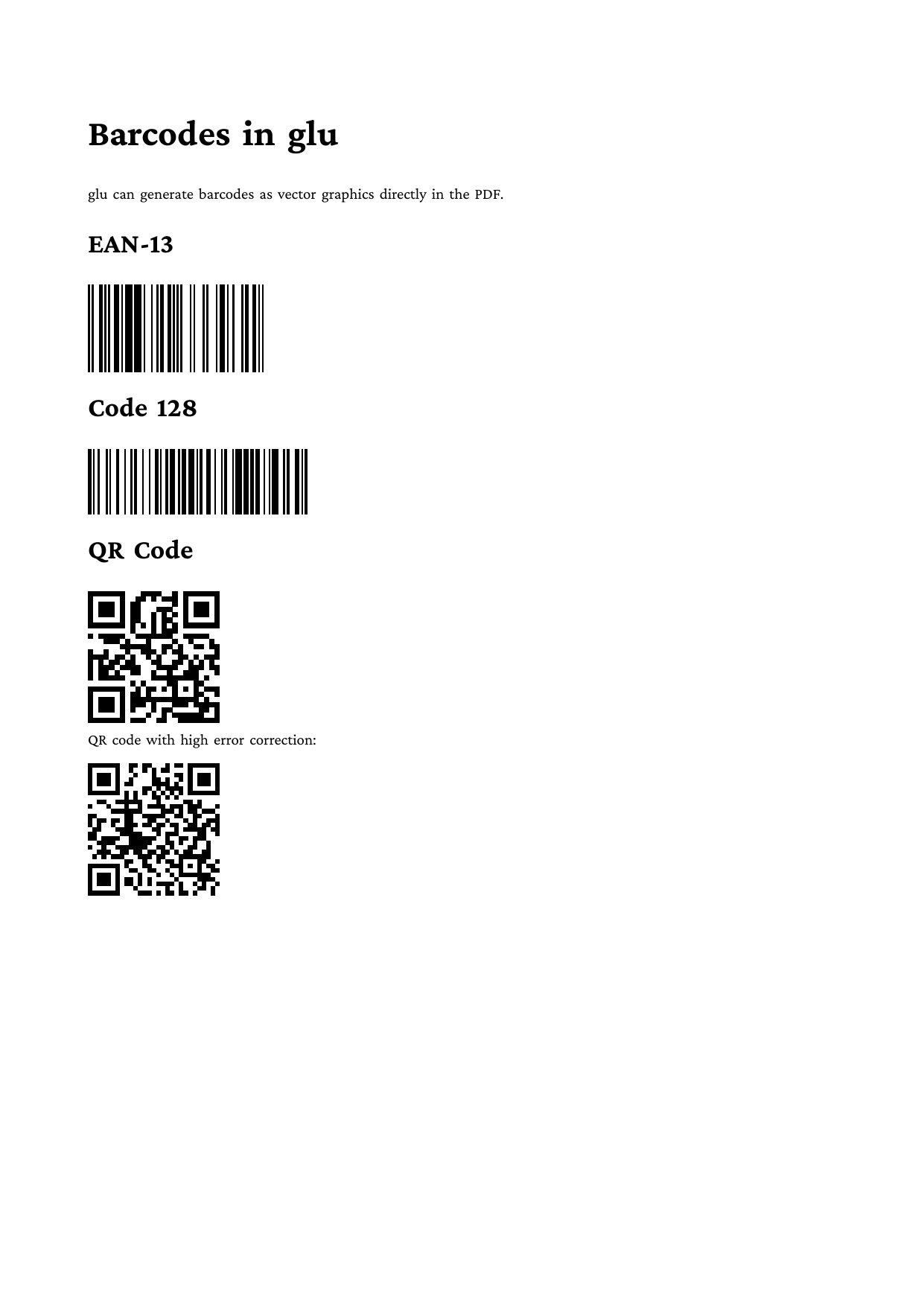 Page with EAN-13, Code 128, and QR codes