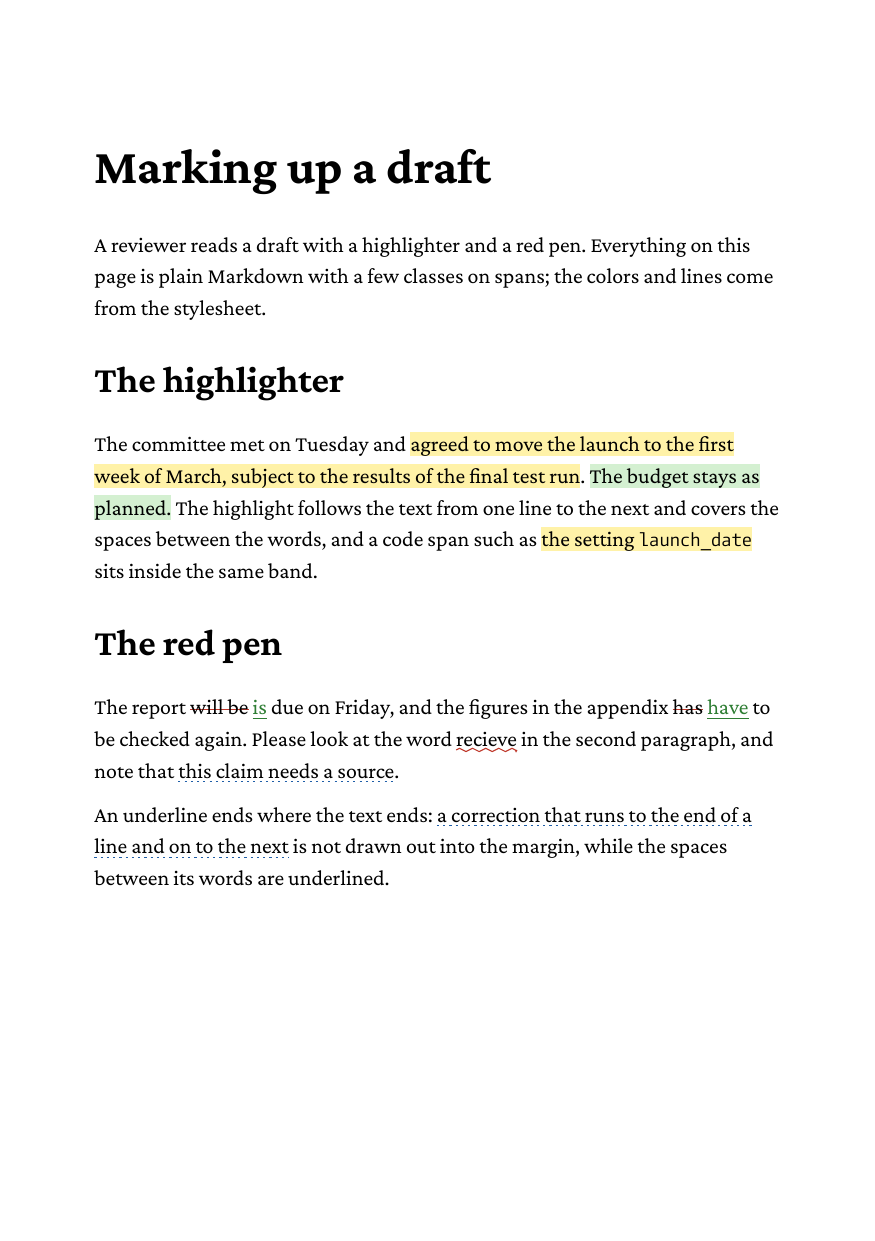 An A5 page with highlighted phrases in yellow and green, struck-through words, green insertions, a wavy red underline under a typo and a dotted blue underline across a line break