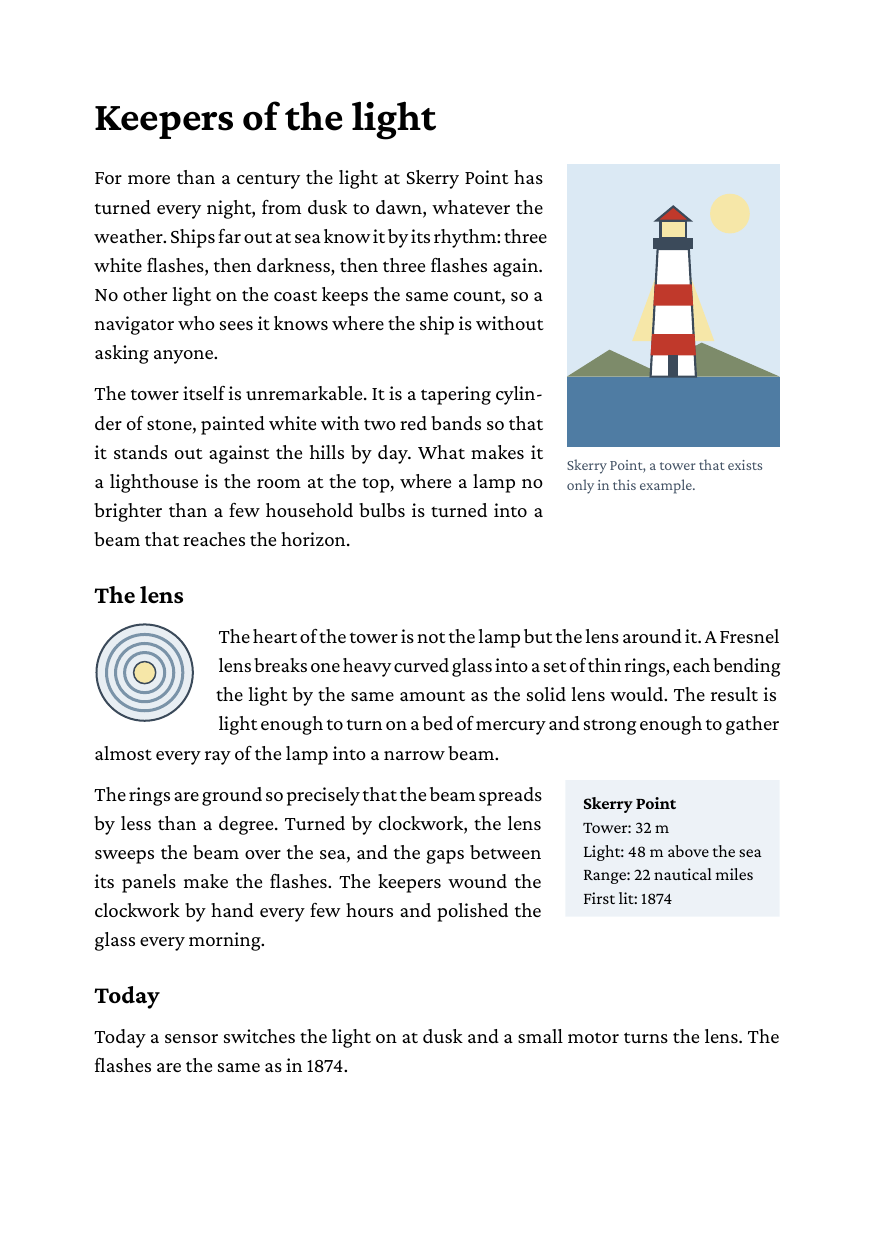 An A5 page with a lighthouse picture, a lens image and a box of facts, the text flowing around all three