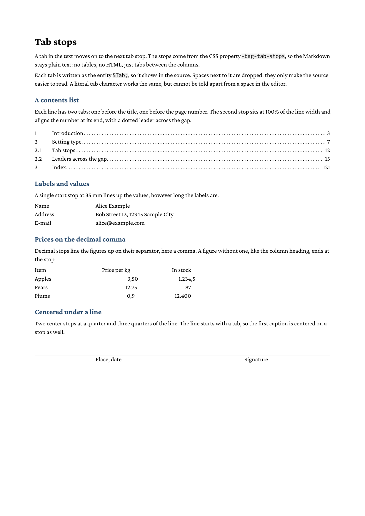 Page with a contents list, a label and value block, decimal aligned prices and centered captions, all set with tab stops