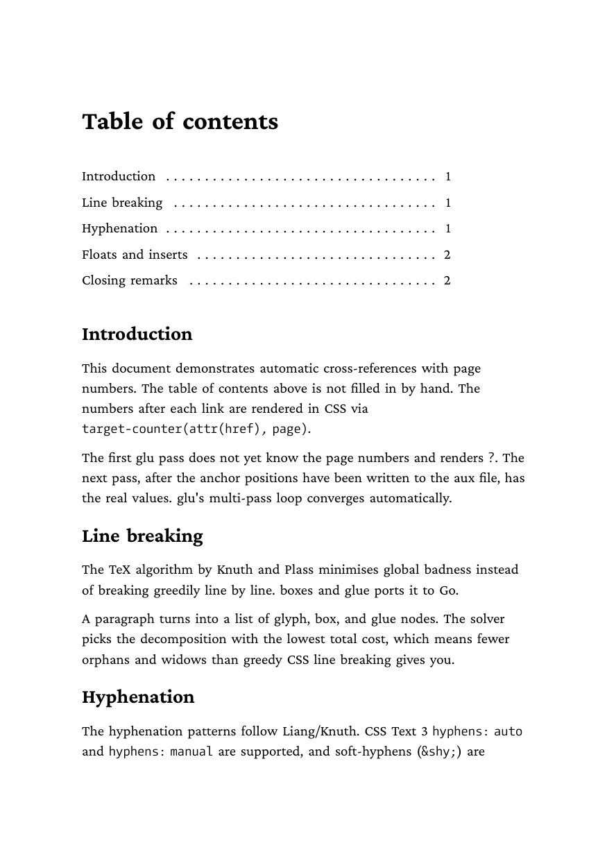 Table of contents with page numbers