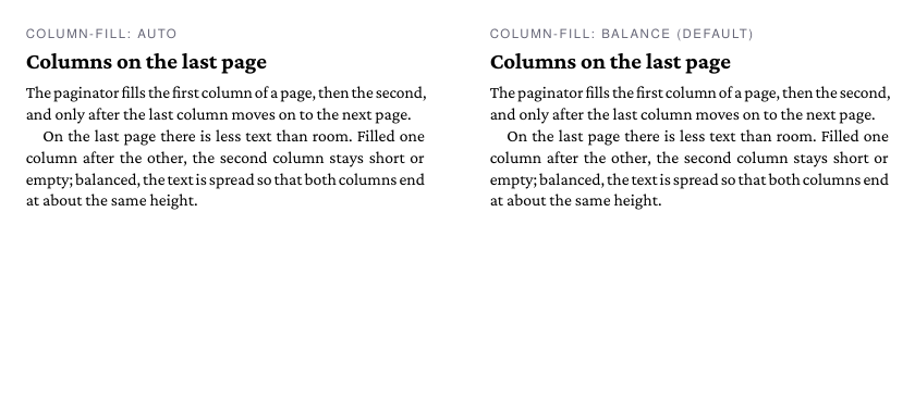 The same short text in two columns: with column-fill: auto all of it is in the left column; balanced, it is spread over both columns, with a rule between them